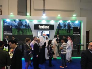 Fastlane Turnstiles stand at Intersec 2017 with personnel and clients mingling infront