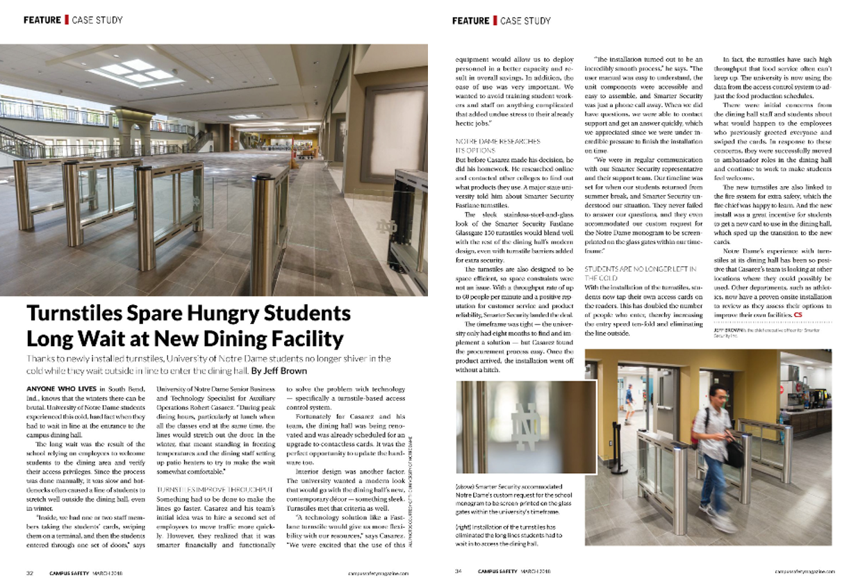 Image of case study in Campus Safety Magazine about Fastlane Turnstiles at the University of Notre Dame in Indiana